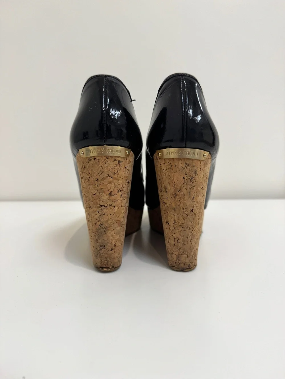 Jimmy Choo Black Patent Leather Peep Toe Cork Platform Wedge Shoes 38 Heels